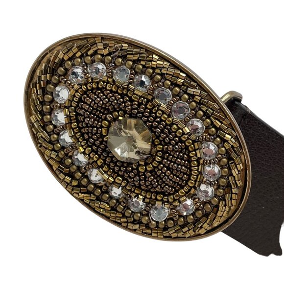 Chicos Adjustable Belt Size Medium Brass Rhinestone Embellished Oval Bling Brown - Picture 1 of 6